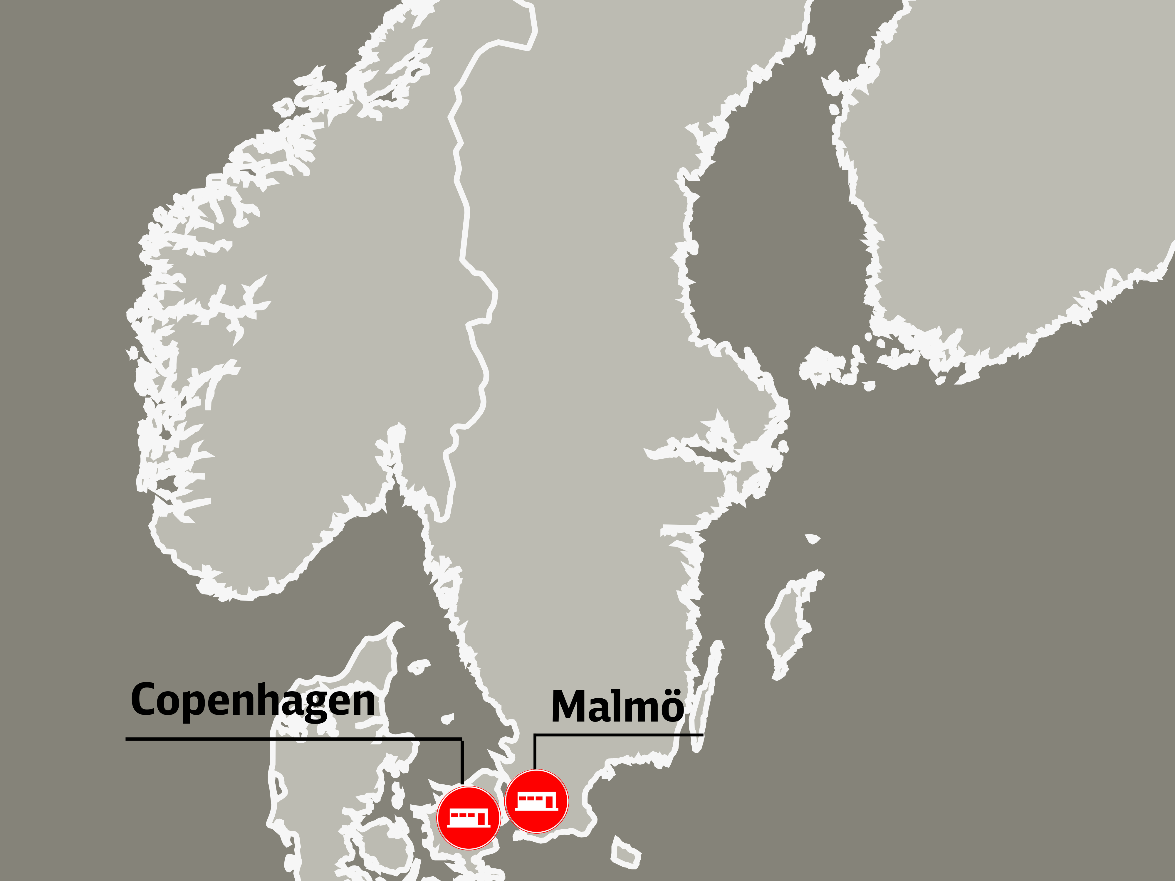 Map of Locations of FLS Nordics with markings in Copenhagen, Malmö and Turku