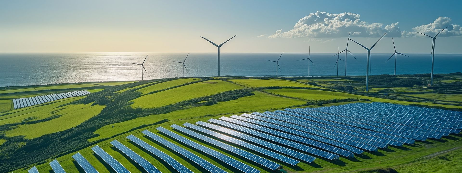 Landscape with solar panels and wind turbines
