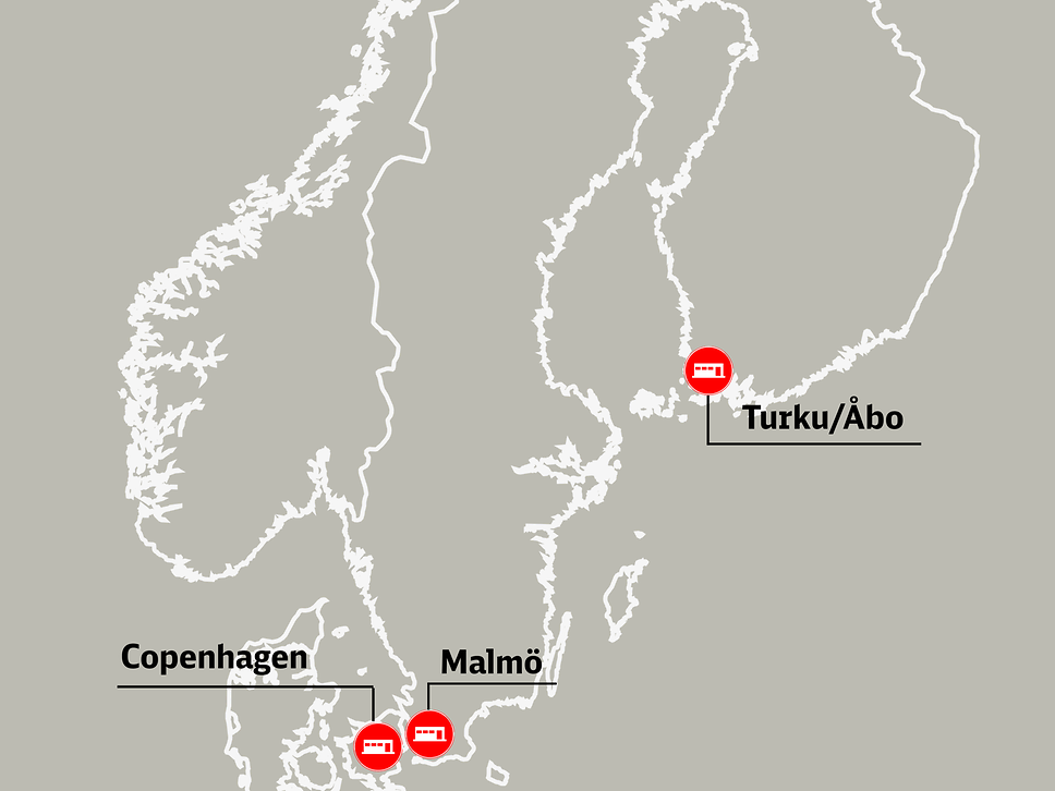 Map of Locations of FLS Nordics with markings in Copenhagen, Malmö and Turku